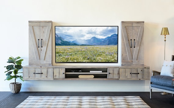 Grey tv stand online with barn doors