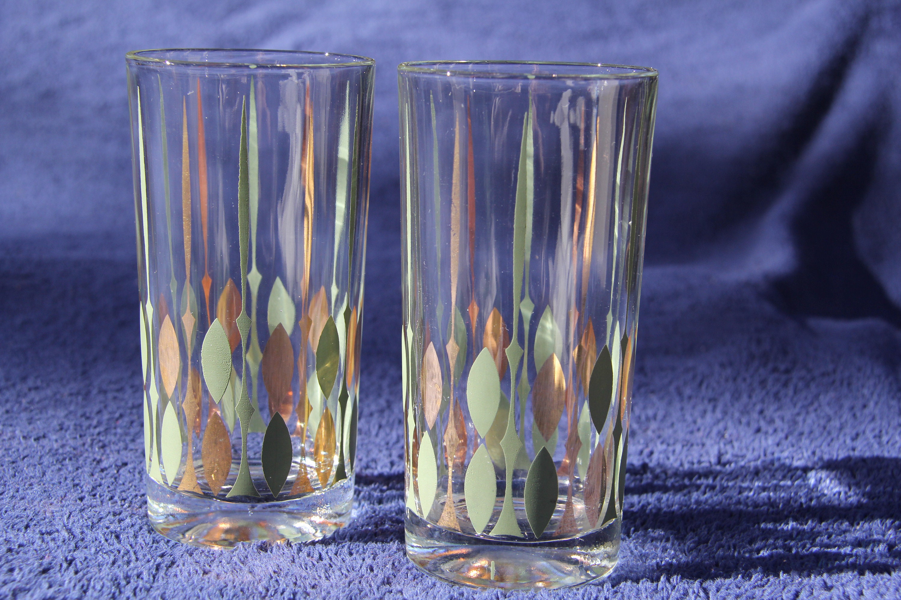 Midcentury pair of drinking glasses green gold design Etsy