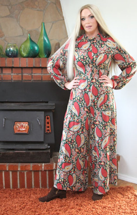 Rare 1970s Handmade Mod Paisley Jumpsuit with Wide