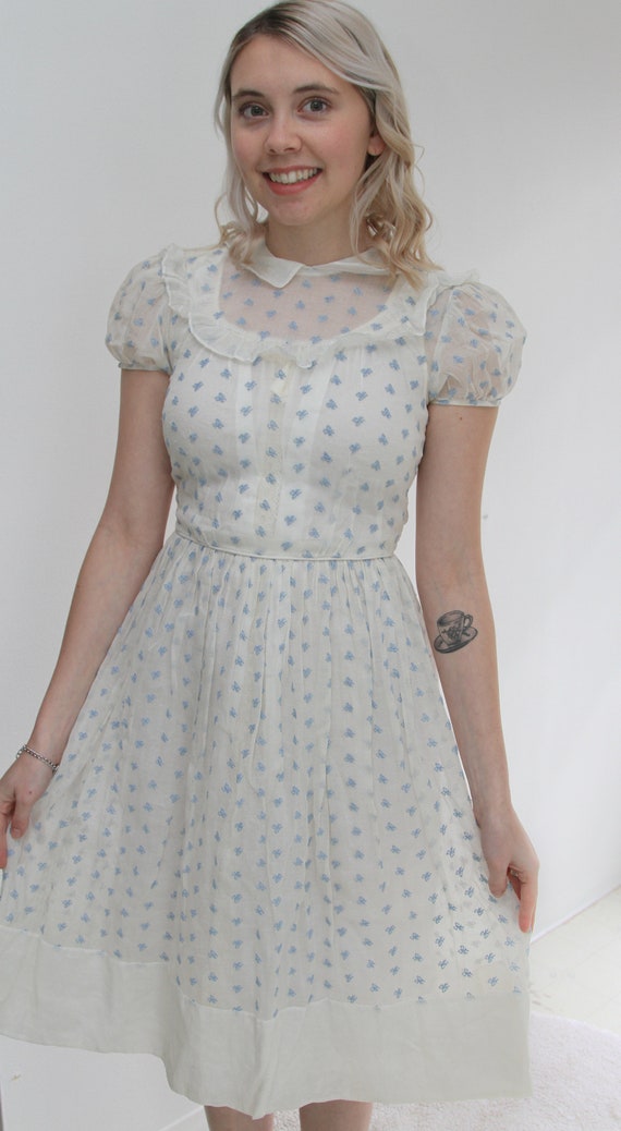 1920s Organza Flutter Sleeve Embroidered Dress
