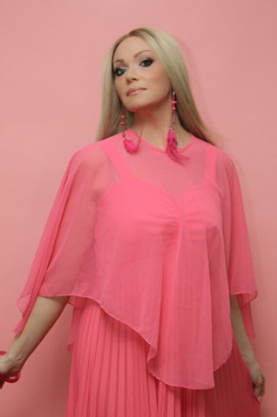 Handmade 70's Empire Waist Evening Gown in Pink P… - image 2