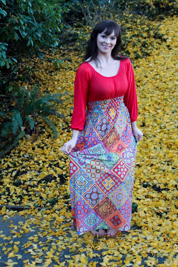 Vintage 70's Polyester Blend Empire Waist Hippie Dress - Size Small 8/10