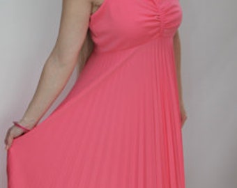 Handmade 70's Empire Waist Evening Gown in Pink Polyester with a Chiffon Cape