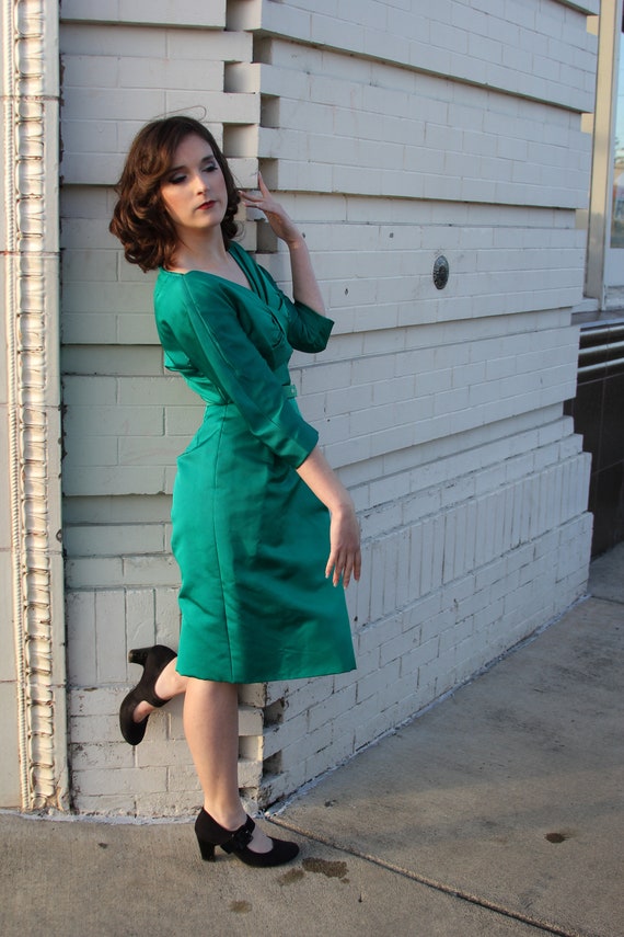 1950's Emerald Green Cocktail Party Wiggle Dress … - image 10