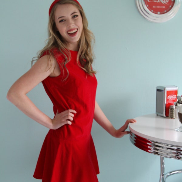 1960s Handmade Velveteen Scooter Dress in Cherry Red