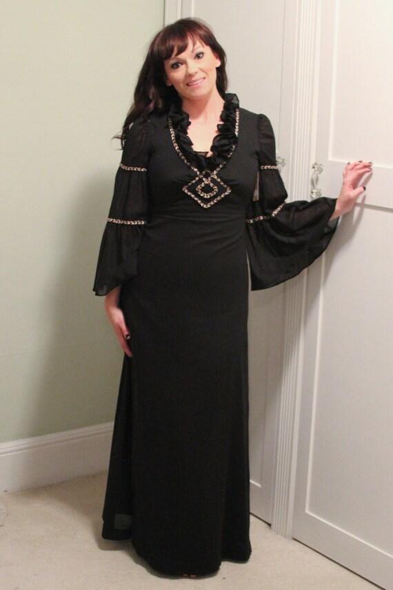 70s Long Black Boho Hippie Dress in Black Gauze by