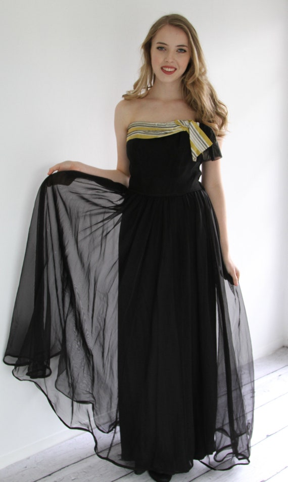 Vintage 40s Strapless Evening Gown in Black Chiff… - image 2