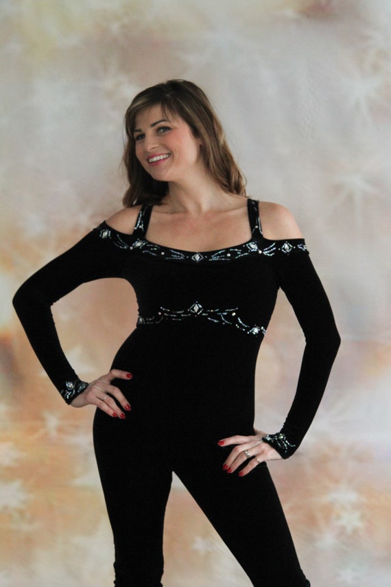 Sexy Black Velvet Jumpsuit Embellished With Glitte