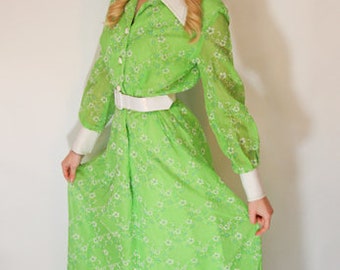 70s Long Belted Vintage Maxi Dress in Size 10, Flocked