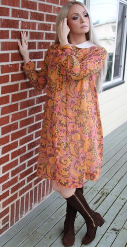 Alden, 1960s Alden's Long Sleeve Lined Scooter Dress or Day Dress with Linen Collar and Unlined Sleeves