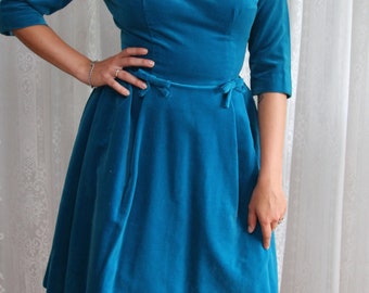 Hand made Mid Century Turquoise Velvet Cocktail Dress, Party Dress, or Church Dress