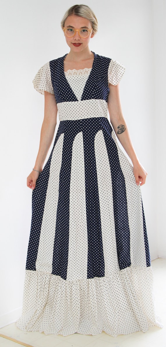 1960's Cotton Maxi Dress in Navy and White, Full L