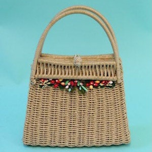 Vintage Mid Century Straw/Wicker Handbag with Embellishments and Top Handle
