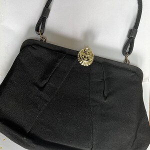 Vintage Little Black Evening Handbag, Black Purse with Coin Purse Attached, Rhinestones in Gold Clasp