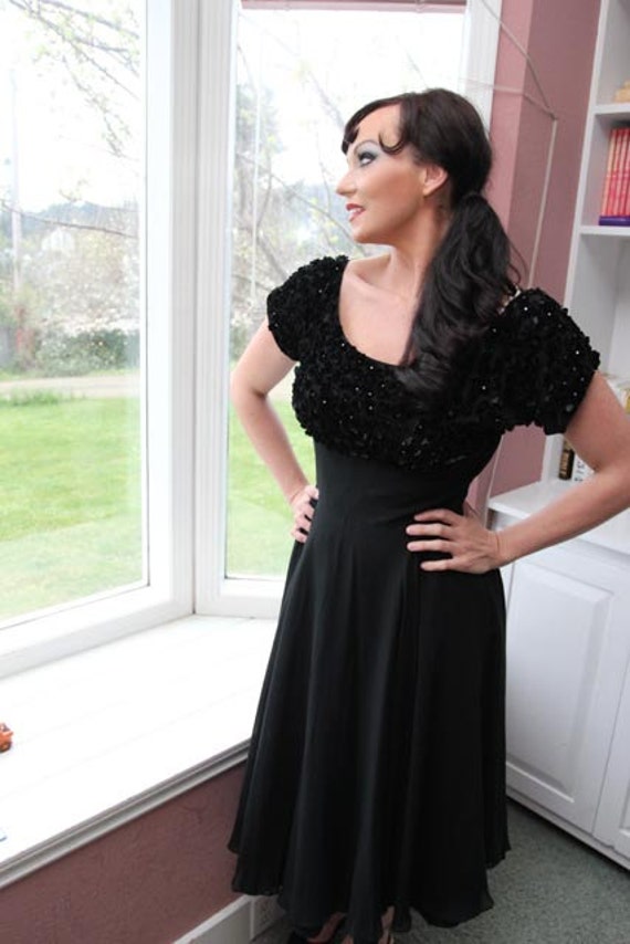 1940s Vintage Fancy Cocktail Dress in Black Embell