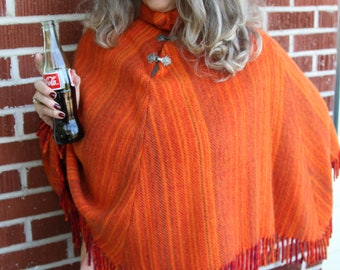 1970's Orange Wool Poncho with Pewter Clasps and Fringe