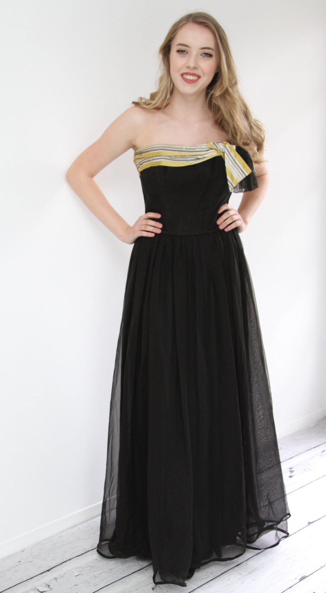Vintage 40s Strapless Evening Gown in Black Chiffon Over Vintage 40s Strapless Evening Gown in Black Chiffon Over
