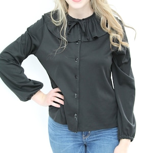Vintage 1970s Polyester Black Blouse With Crystal Pleated Collar With Ties and Button Front