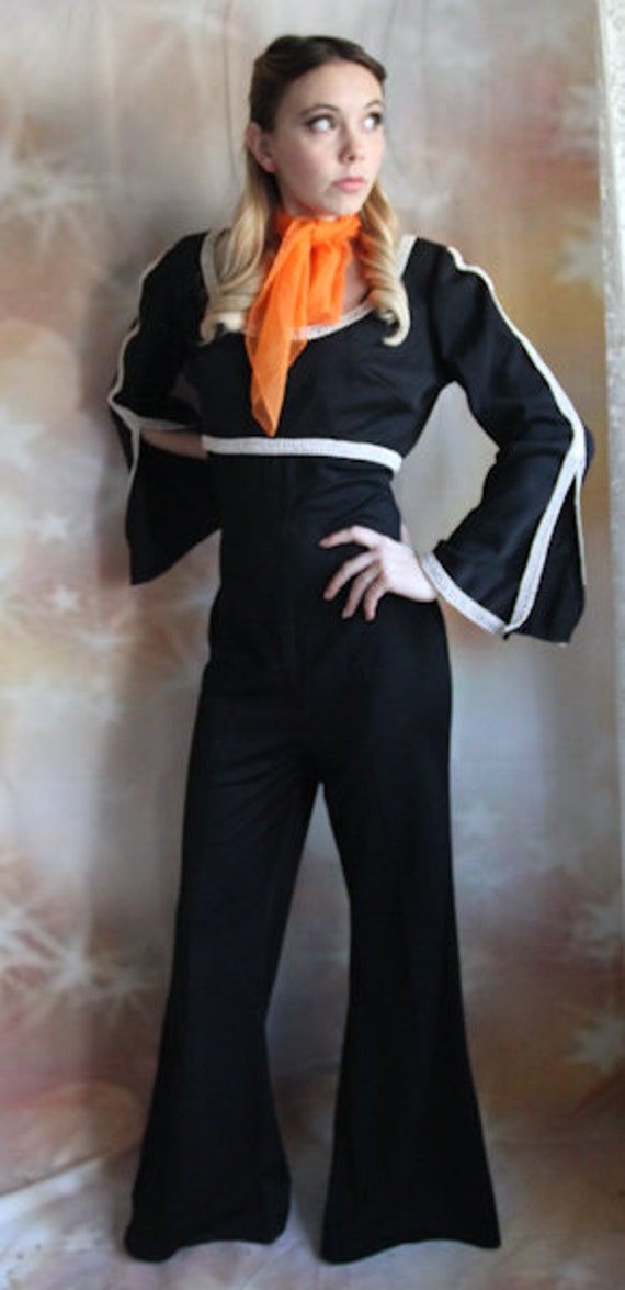 1970's Two Piece Black Bellbottom Jumpsuit with Bo
