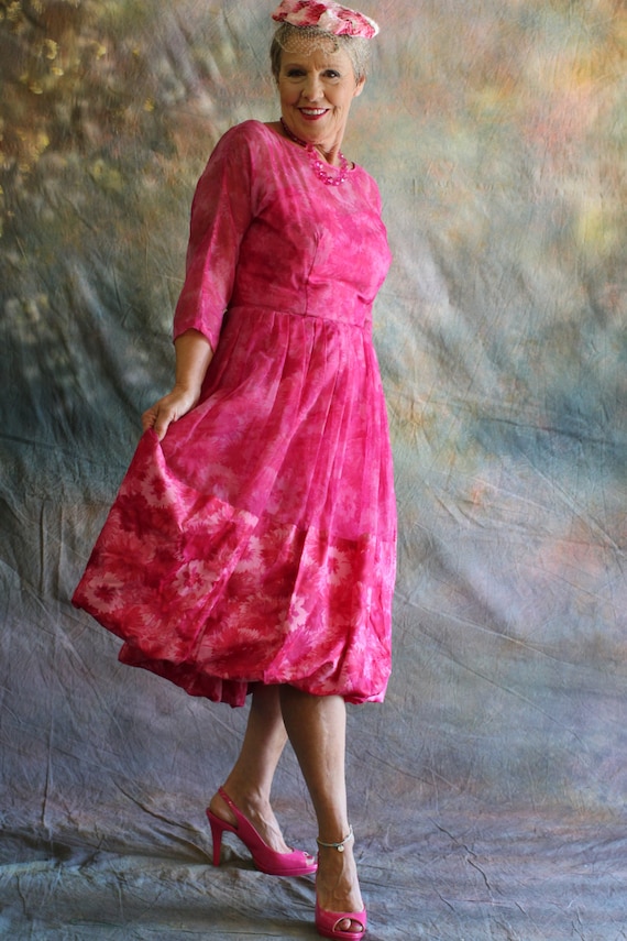 1950's Fancy Cocktail Dress in Pink Chiffon by Bul