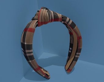 Tan and Black Tartan Plaid Knot Hair Headband Handmade Accessory