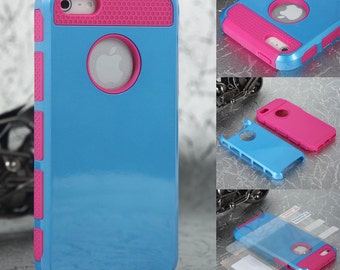 PC Shockproof Dirt Dust Proof Hard Matte Cover Case For iPhone 5 5S + Screen Film Set Sky Blue + Hot Pink