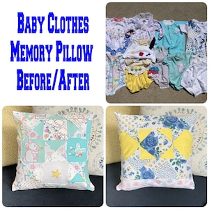 May include: Before and after image of a memory pillow made from baby clothes. The pillow is a square shape with a patchwork design. The before image shows the pillow with a variety of baby clothes sewn together. The after image shows the pillow with a more uniform design, using the same baby clothes but with a more organized pattern.