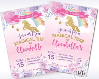 Unicorn Invitation, Unicorn Invite, Pink and Gold, Rainbow Unicorn Birthday Invite, Magical, Sprinkle Invite, Gold Glitter, Pastel Rainbow