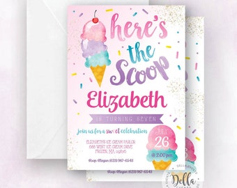 Ice Cream Invitation, Ice Cream Birthday Invitation, Ice Cream Birthday Party, Ice Cream Party, here's the scoop, Summer Invitation