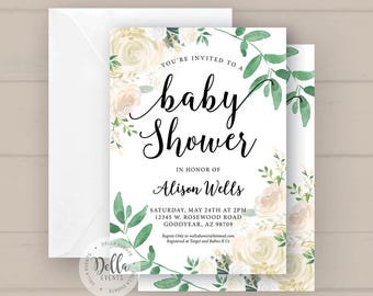 Baby Shower Invitation, Baby Shower Invite, Floral baby Shower Invitation, Greenery, rustic floral babyShower invite, boho