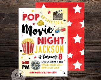 Movie Birthday Invitation, Movie Invitation, Movie Invite, Movie, Movie Night, Hollywood, Theater, Outdoor Movie, Birthday Party, Popcorn