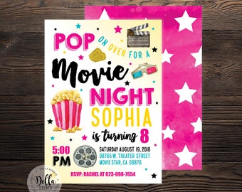 Movie Birthday Invitation, Movie Invitation, Movie Invite, Pink, Movie Night, Hollywood, Theater, Outdoor Movie, Birthday Party, Popcorn