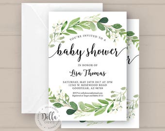 Baby shower invitation, Baby Shower invite, Greenery baby shower invitation, boho bohemian, Garden, Bridal Shower invite, Floral