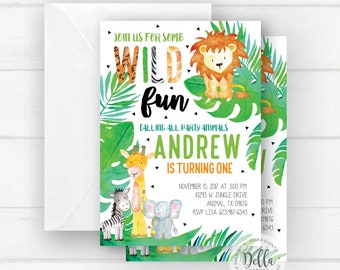 Jungle Invitation, Jungle invite, Safari invitation, Safari Invite, Photo invitation, Watercolors, Wild One, Elephant, Full Party Package