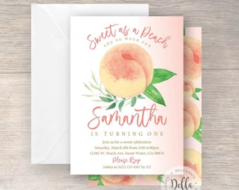 Peach Birthday Invitations, Sweet as a Peach, 1st Birthday Invitations Girl Peach, One Year Girl Invitations, Peach Theme Birthday Party