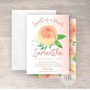 Pfirsich-Geburtstags-Einladungen, süß wie ein Pfirsich, 1. Geburtstagseinladungen Mädchen-Pfirsich, einjährige Mädchen-Einladungen, Pfirsich-Thema-Geburtstagsfeier