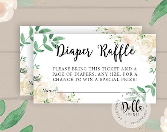 Diaper Raffle, Diaper Raffle Ticket, Baby Shower Invitation Insert, Diaper Game for Baby Shower Diaper Game, Greenery,White Roses, Floral