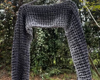 Grey Mesh Shrug - one size fits most - crochet mesh sleeves