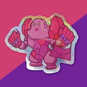 Pegatina de vinilo con forma de meme de Regirock con un bolso y brillantina
