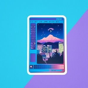 Vaporwave Pixel Art Sticker: Portland Oregon Cityscape, Waterproof Vinyl