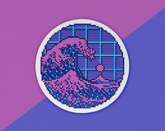Vaporwave Pixel Art Japanese Great Wave off Kanagawa Vinyl Sticker