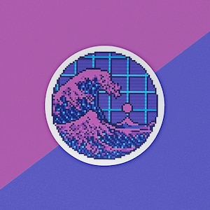 May include: A round sticker with a pixelated image of a blue and pink wave crashing against a blue and purple grid background.