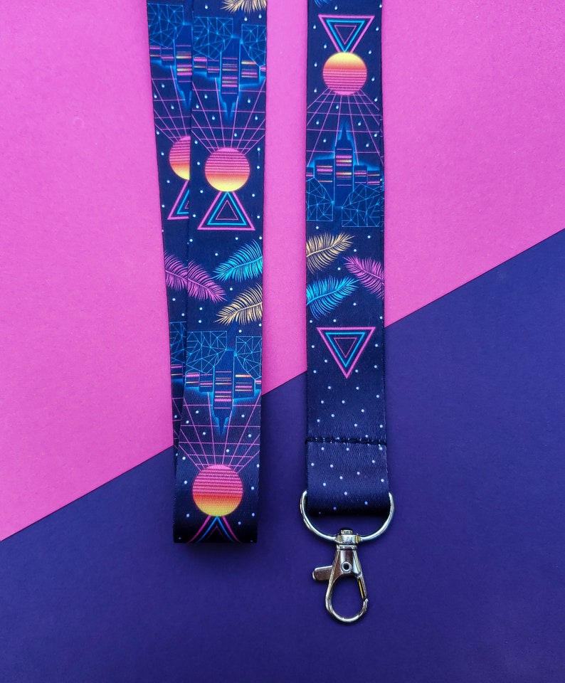 Synthwave Tokyo Neon City 80s Lanyard w/ Lobster Clasp, Breakaway Clasp image 1