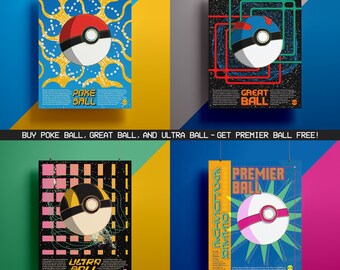 Pokemart Pokeball Poster Bundle: Poke Ball, Great Ball, Ultra Ball - Get a FREE Premier Ball Poster