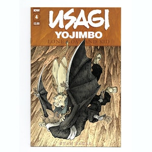 May include: Comic book cover for Usagi Yojimbo #4, featuring a dynamic illustration of a bat-winged figure battling a rabbit-like character. The cover has a brown and tan background with the title text in white.