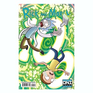 May include: A comic book cover featuring Rick and Morty from the animated television series. Rick is flying through a green portal with a confused expression on his face. Morty is falling headfirst through the portal with a terrified expression on his face. The cover features the title "Rick and Morty" in a green and white font. The cover also features the text "Suggested for Mature Readers" and "Oni Press 20th Anniversary".