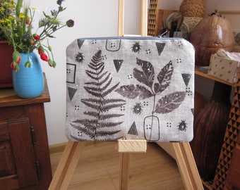 Fern hand printed Linen cosmetic zipper pouch, Small fabric purse, Handprinted linen pouch, Ferns stamped purse