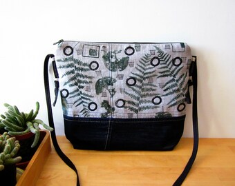 Big soft crossbody bag Hand print Linen bag botanical stamp Everyday shoulder handbag Vegan Linen Denim bag