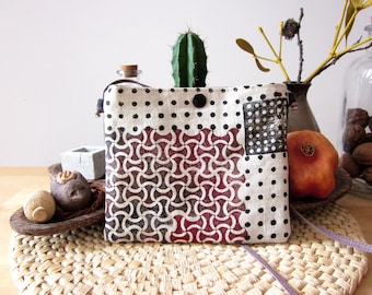 Small linen neck bag, Face mask pouch, Neck pouch, Hand printed bag, Mini bag, Handprinted linen bag