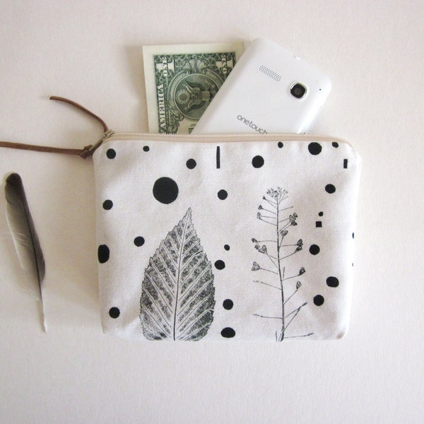 Cosmetic purse, hand printed canvas, Plants and Geometric stamp, Zipper pouch, natural